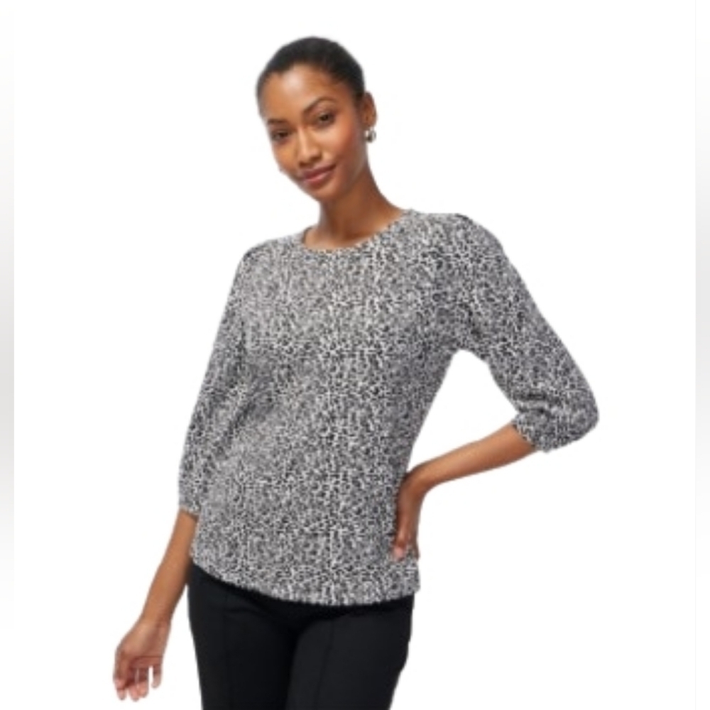 Chico's Size 3 (XL/16) Black/White Animal Print Top 3/4 Puff Sleeve Relaxed Fit